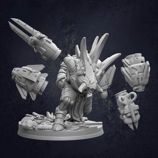A 3D rendering of a futuristic, robotic character with multiple weapons and futuristic-looking armor pieces.
