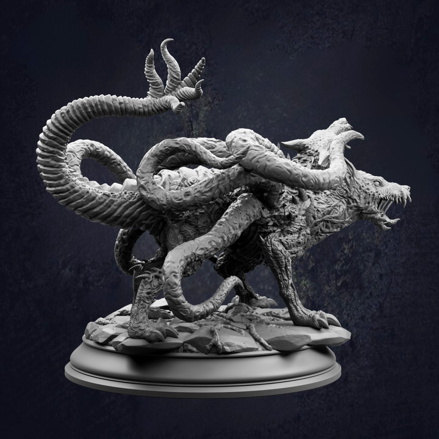 A detailed, intricate sculpture of a fantastical creature with multiple tentacles and sharp teeth, set against a dark background.