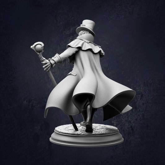 A statue of a person wearing a top hat and coat, holding a cane and walking on a platform.