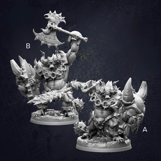 two detailed figurines of fantastical creatures, each holding various weapons and standing on platforms.