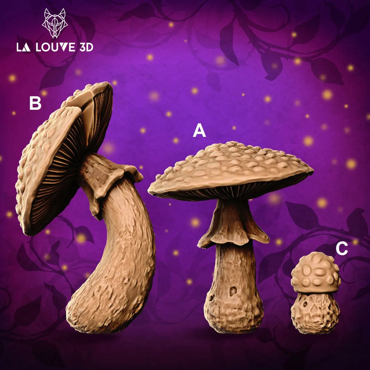 A labelled image (A, B and C) set of 3 mushrooms in a large enough scale to be used to create a mushroom forest withing tabletop RPG. They range in size from 24mm to 77mm in height so can tower over a lot of 32mm scale characters in any D&D gaming setup. Designed by La Louve 3D.