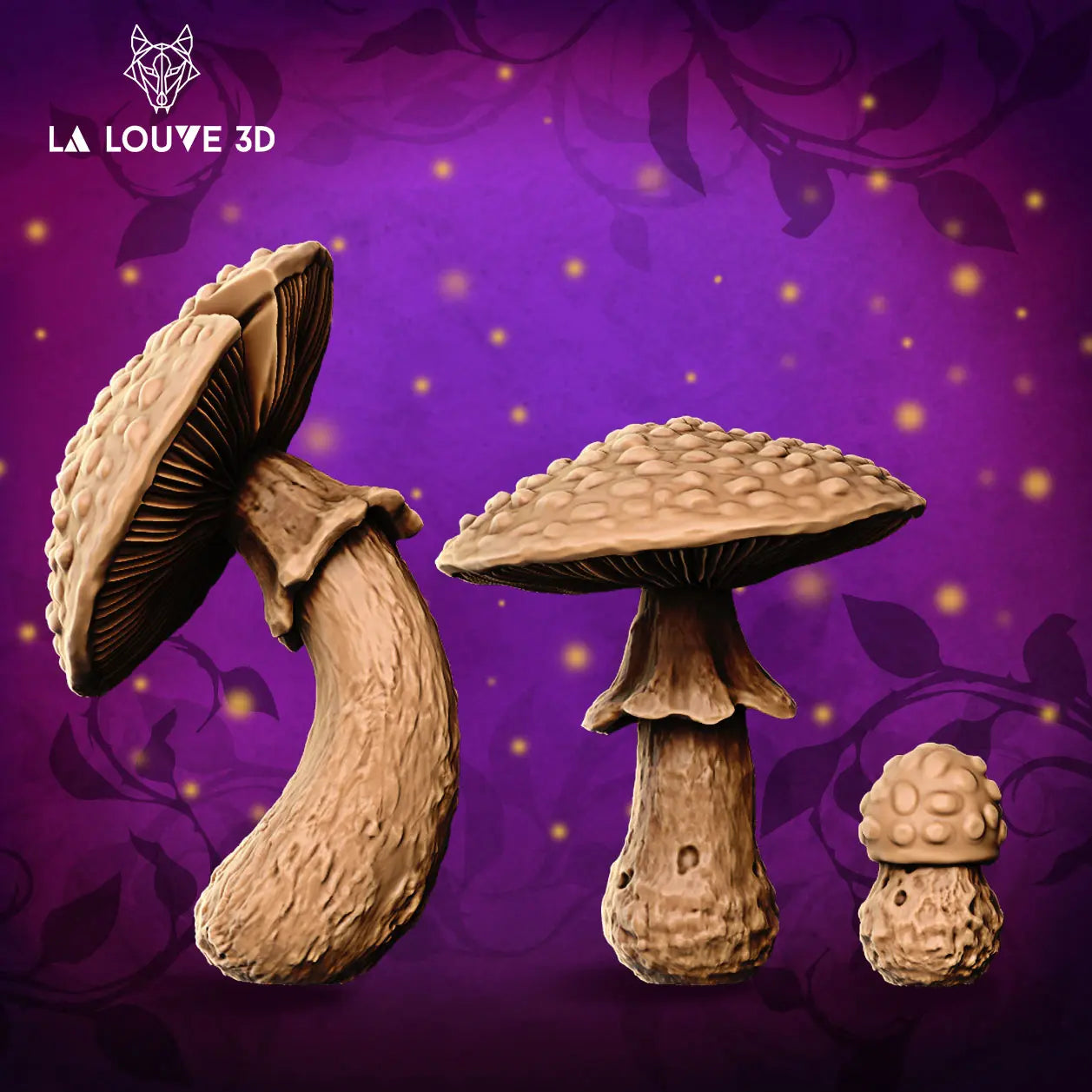 A set of 3 mushrooms in a large enough scale to be used to create a mushroom forest withing tabletop RPG. They range in size from 24mm to 77mm in height so can tower over a lot of 32mm scale characters in any D&D gaming setup. Designed by La Louve 3D.
