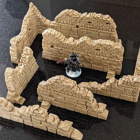 An image of 3D Printed Wall Terrain set up for Kill Team Wargaming Scenario. 