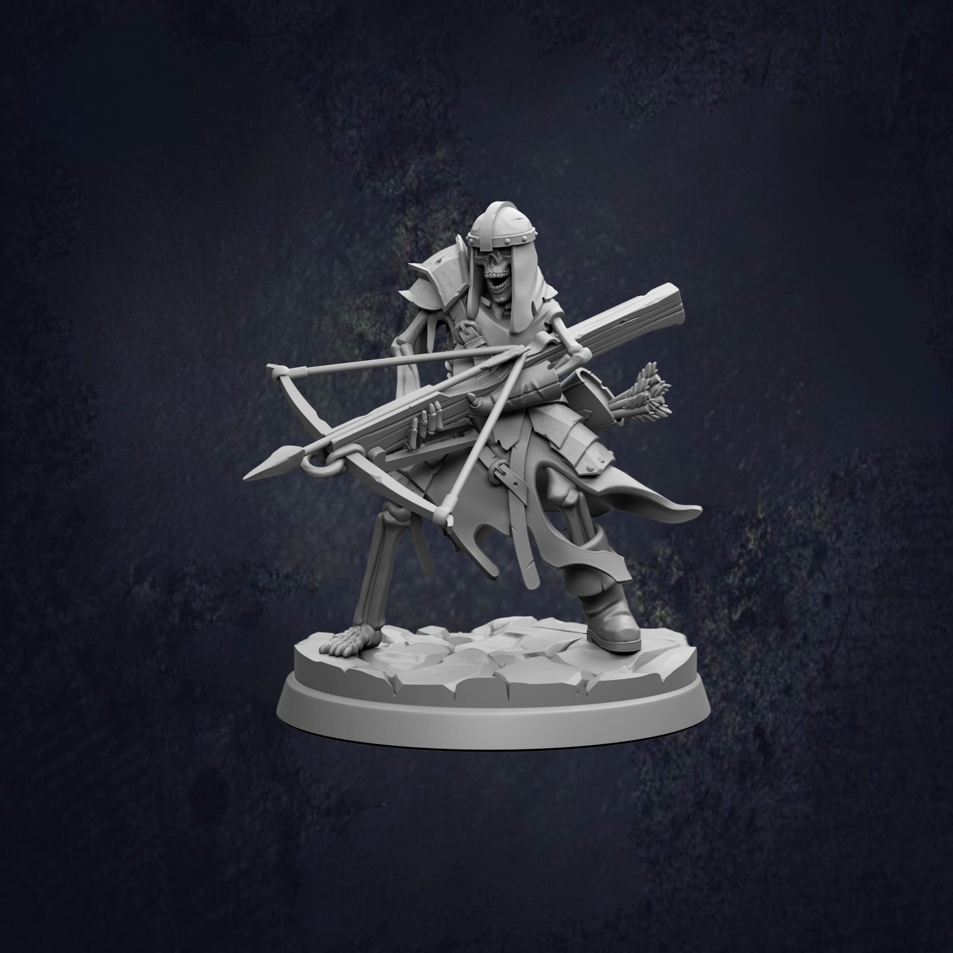 A 3D model of a warrior figure holding a crossbow and sword, standing on a rock base against a dark background.