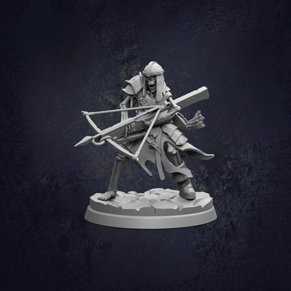 A 3D model of a warrior figure holding a crossbow and sword, standing on a rock base against a dark background.