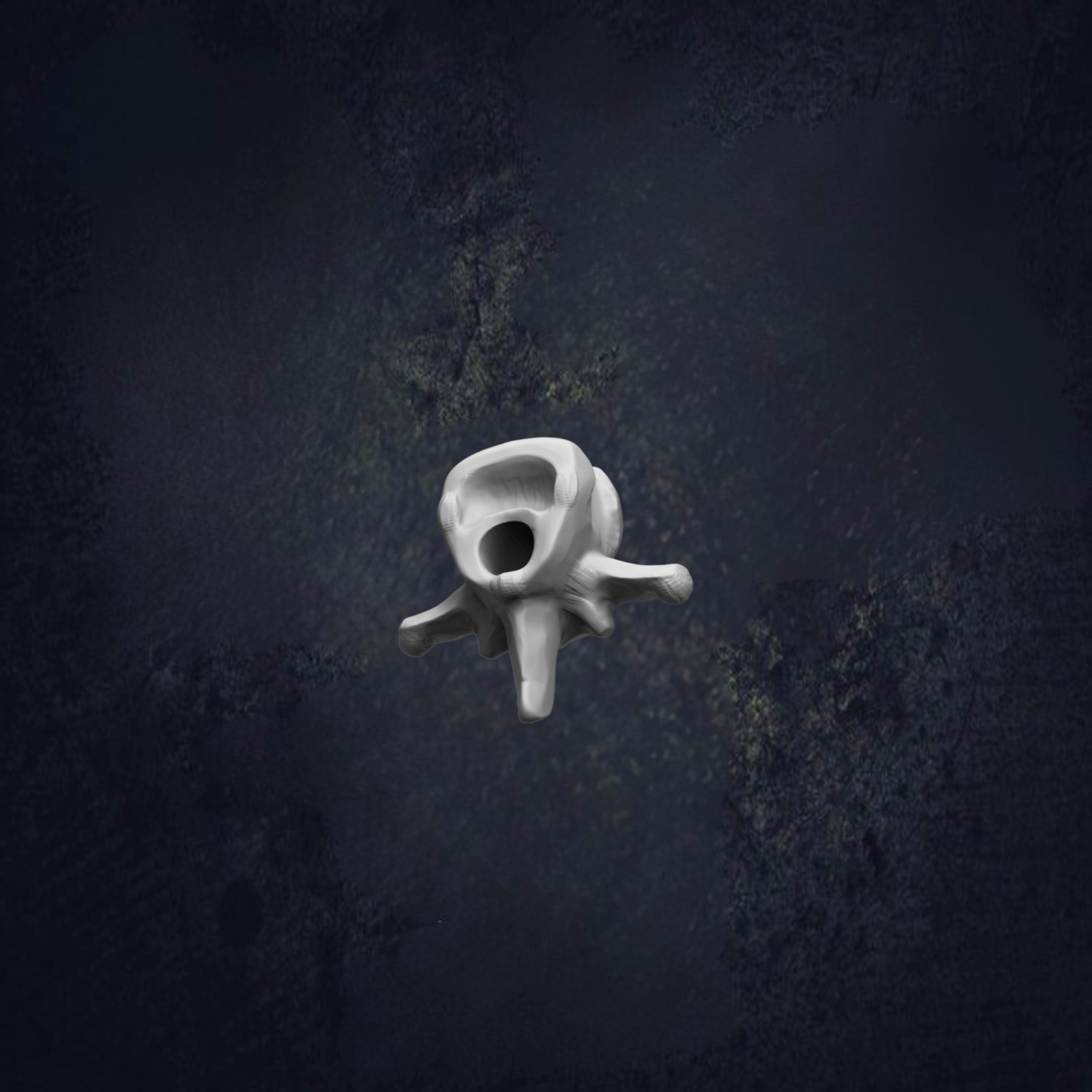a white, abstract, and organic-looking object floating in a dark, textured background.