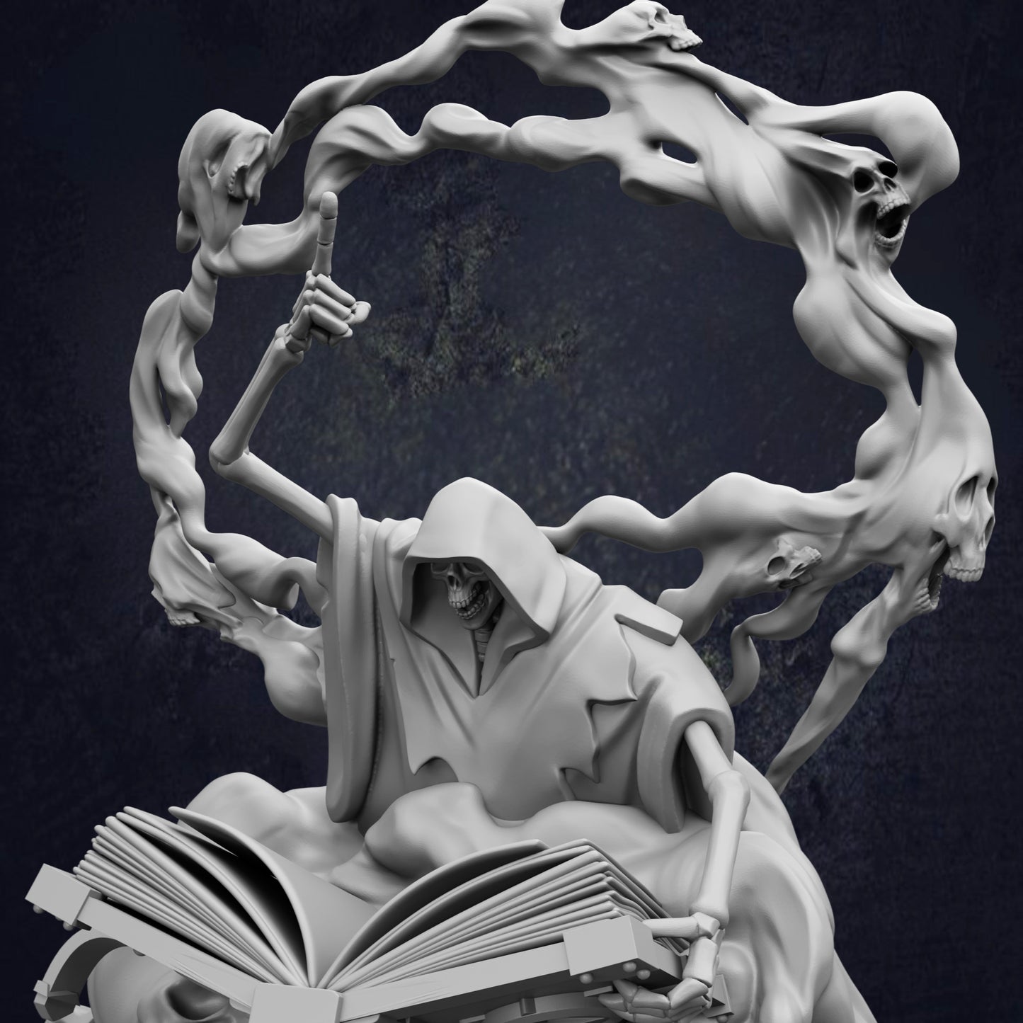 A dark, ominous statue of a figure holding a book and surrounded by ghostly, ethereal shapes.
