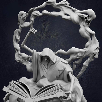 A dark, ominous statue of a figure holding a book and surrounded by ghostly, ethereal shapes.
