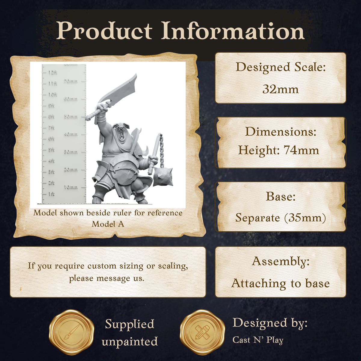 The image is a product information graphic that provides details about a model, including its dimensions, base, and assembly instructions.