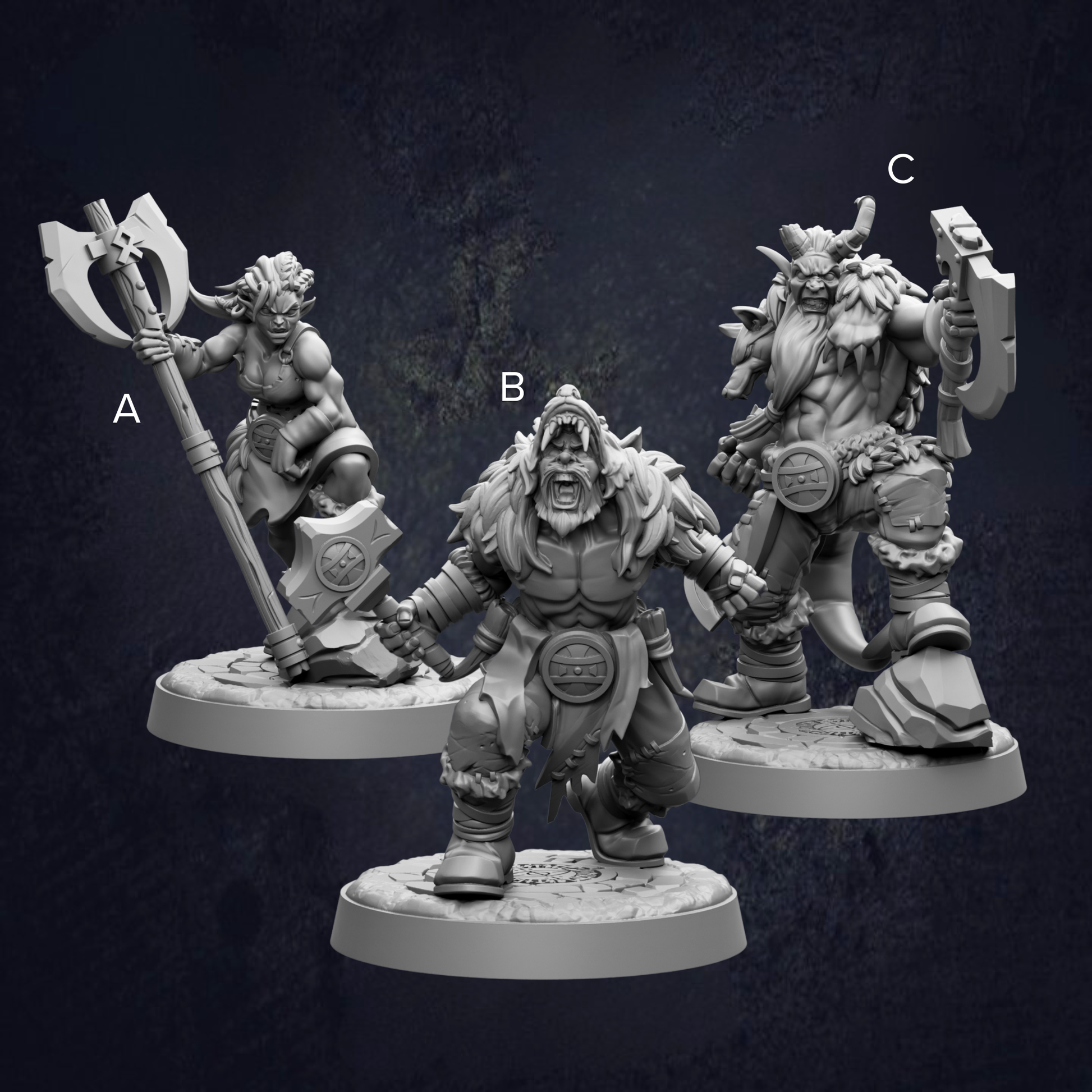 three figurines of fantasy characters, each with unique poses and weapons, set against a dark background.
