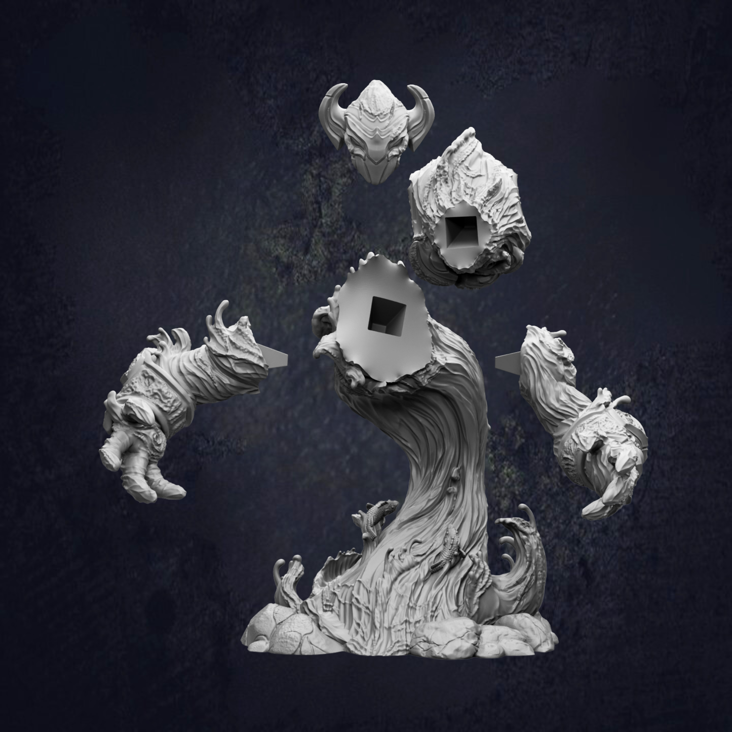 A 3D rendering of a fantastical creature with intricate, organic-looking features, including horns, claws, and a twisted, gnarled body.