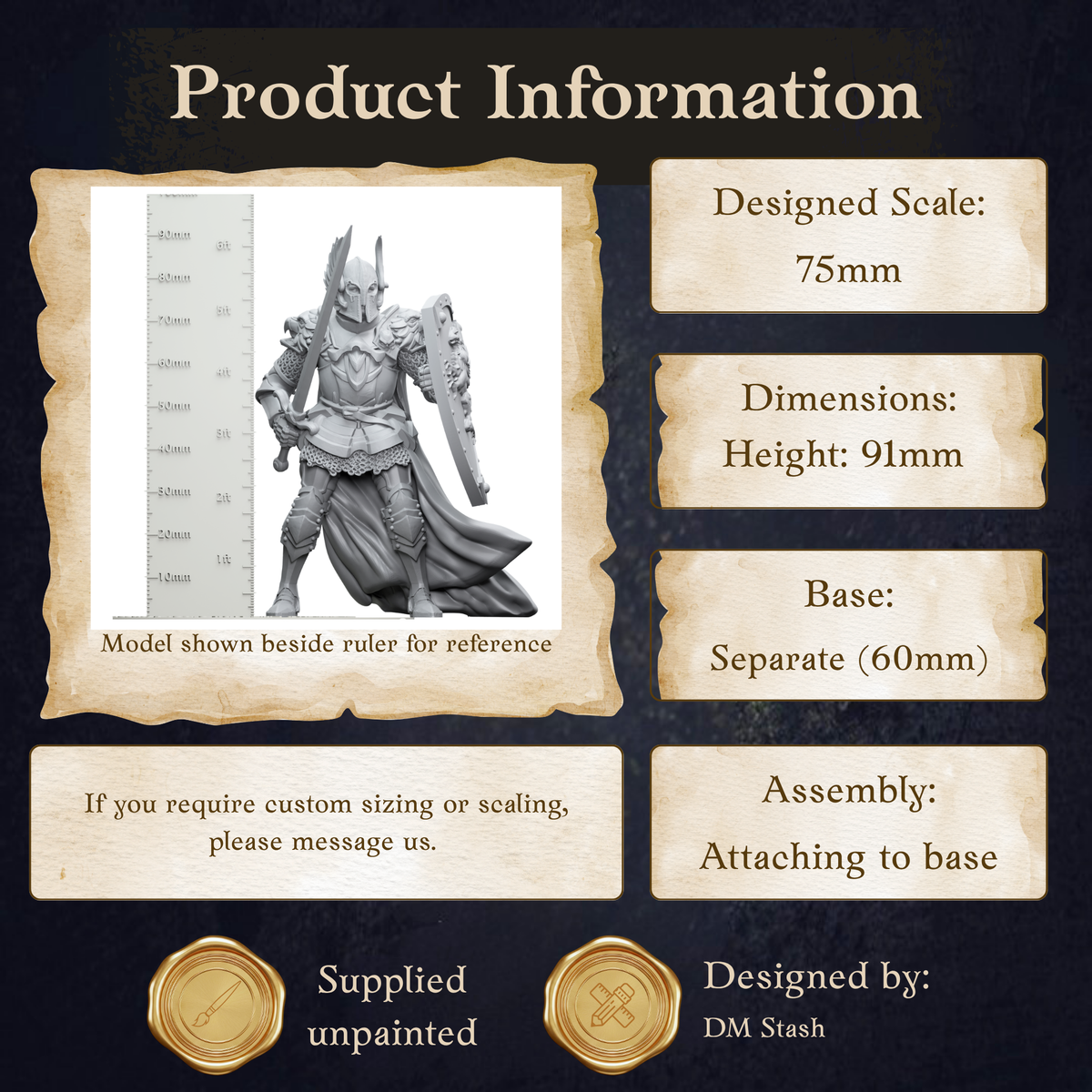 The image is a product information graphic that provides details about a 75mm model shown beside a ruler for reference. It includes dimensions, a base, and assembly instructions. The image is a collage of multiple images, and it is not a single image but a collection of images. The phrase "Designated by: DM Stash" is also present in the image.