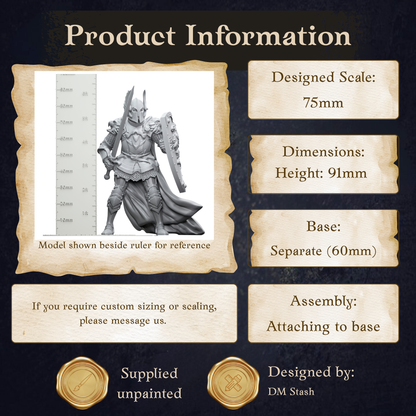 The image is a product information graphic that provides details about a 75mm model shown beside a ruler for reference. It includes dimensions, a base, and assembly instructions. The image is a collage of multiple images, and it is not a single image but a collection of images. The phrase "Designated by: DM Stash" is also present in the image.