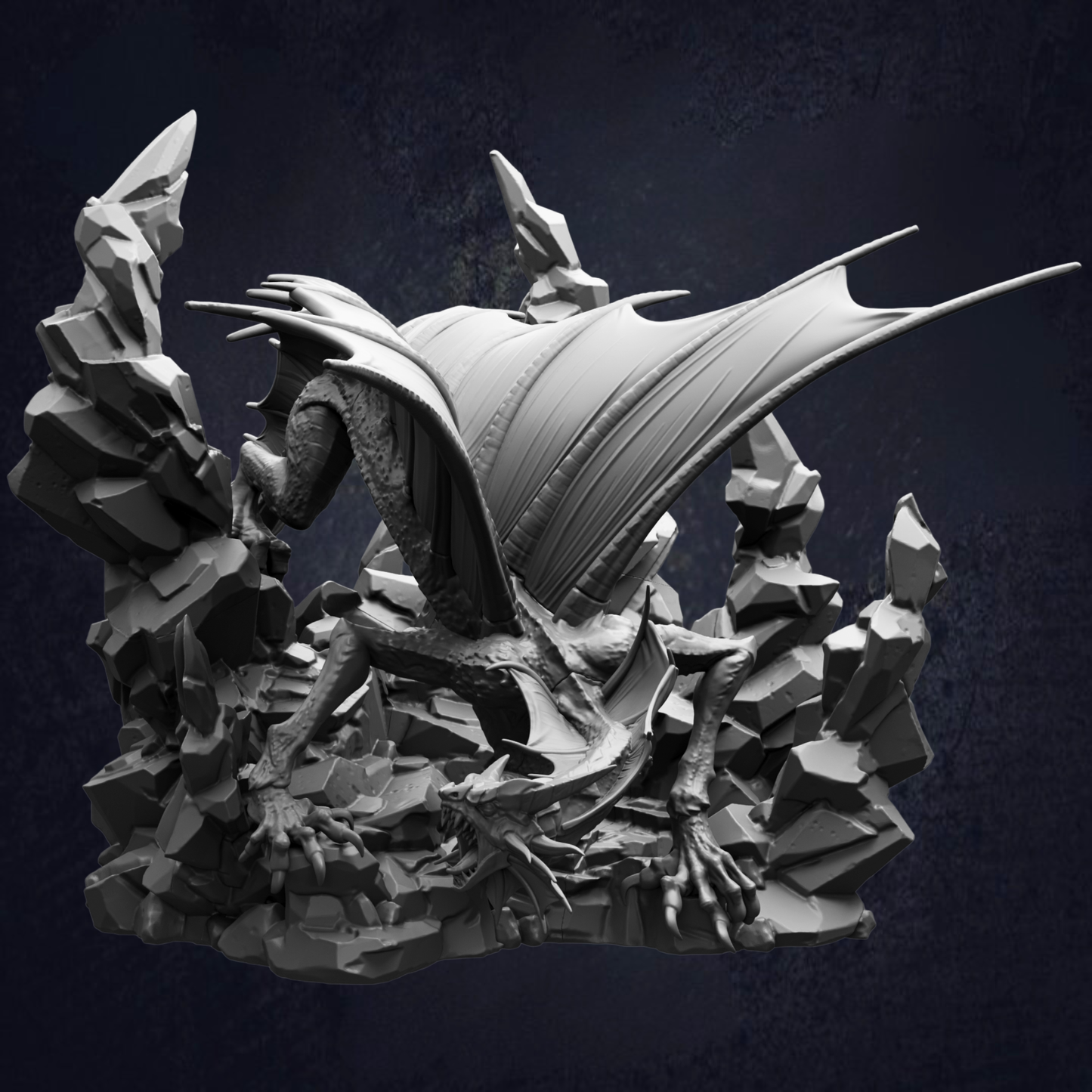 A detailed 3D rendering of a fierce-looking dragon with sharp teeth and claws, surrounded by jagged rocks and debris, set against a dark background.
