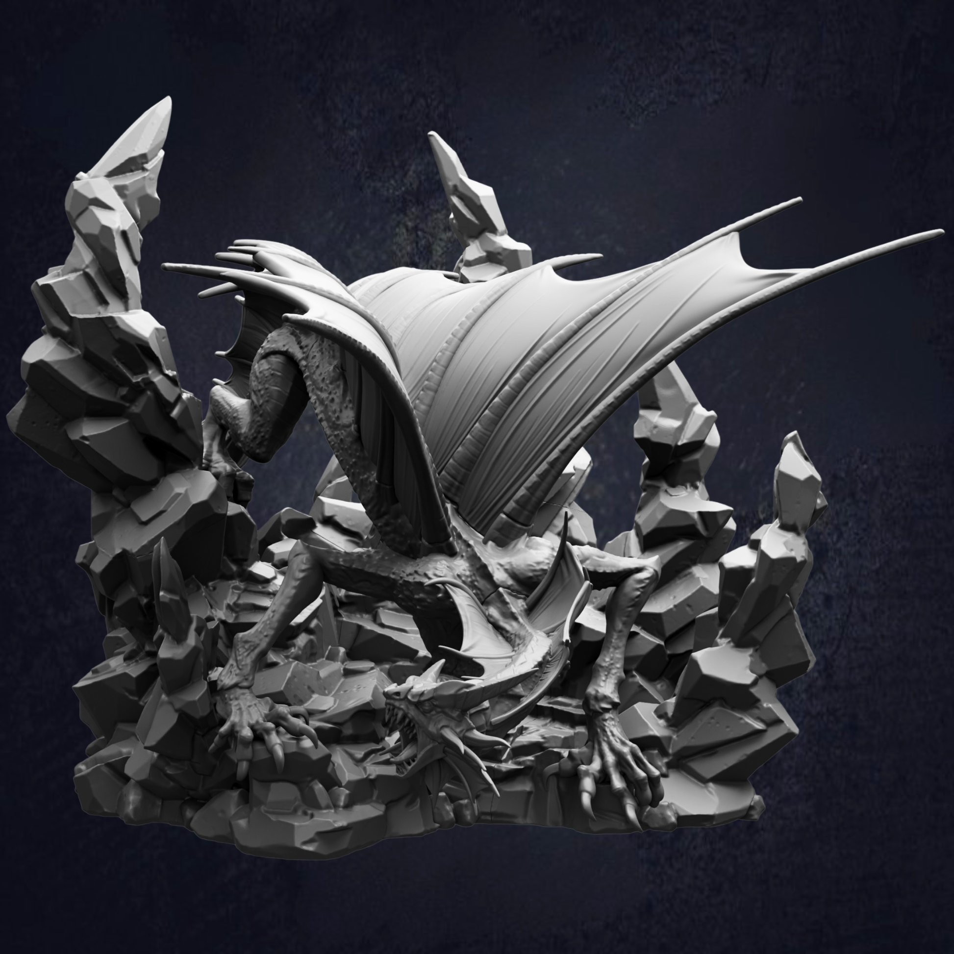 A detailed 3D rendering of a fierce-looking dragon with sharp teeth and claws, surrounded by jagged rocks and debris, set against a dark background.