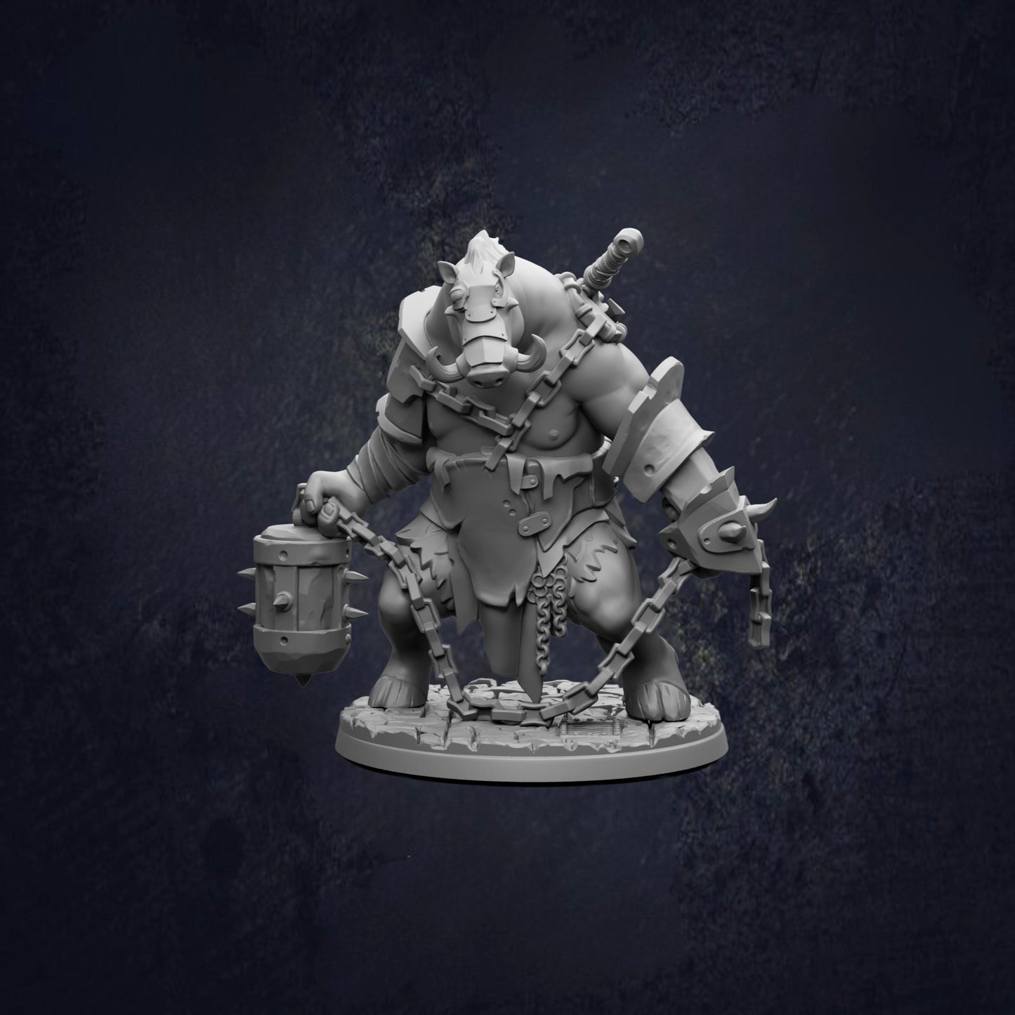 A detailed 3D model of a heavily armored and armed fantasy creature, possibly a monster or a dragon, standing on a platform and holding a large weapon.