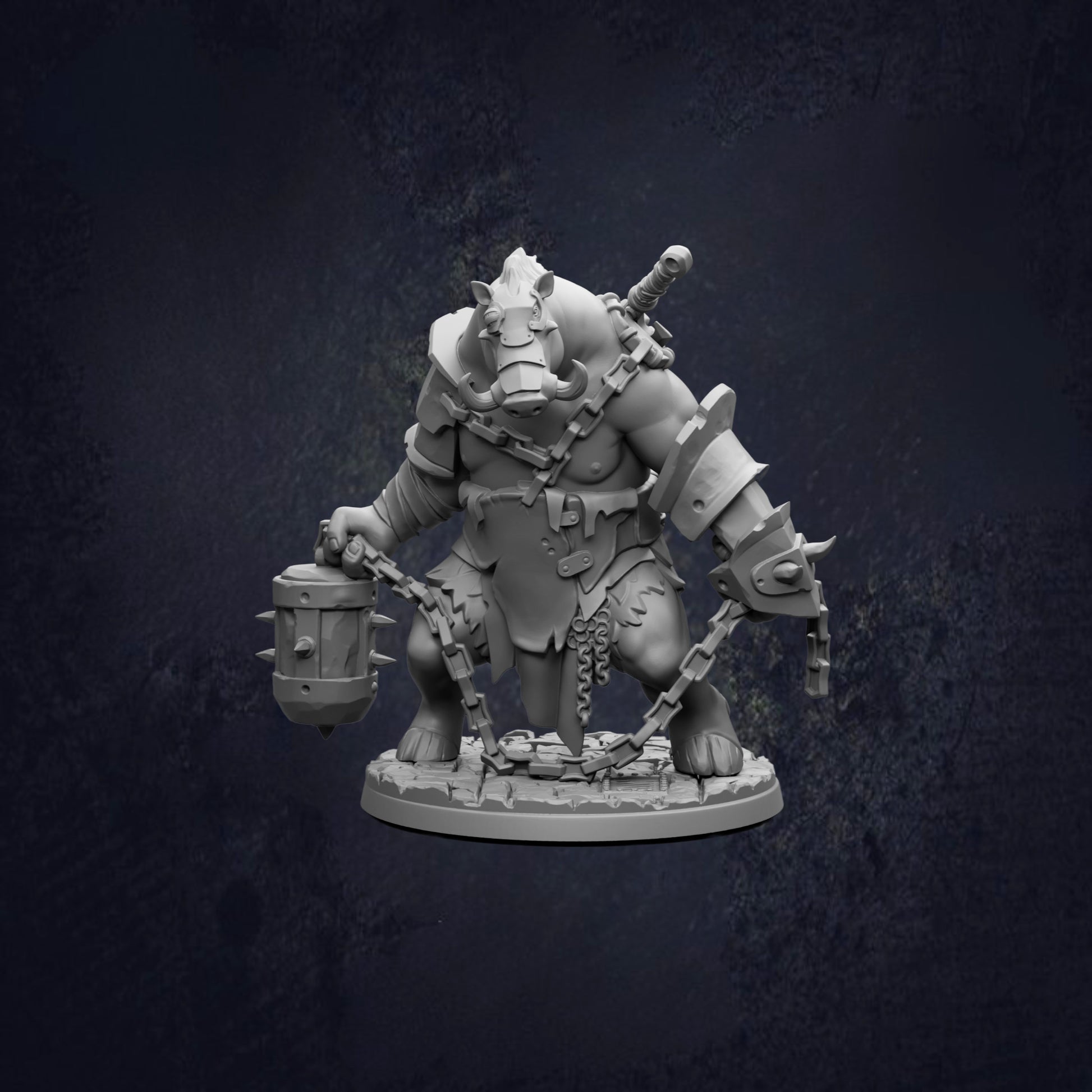 A detailed 3D model of a heavily armored and armed fantasy creature, possibly a monster or a dragon, standing on a platform and holding a large weapon.