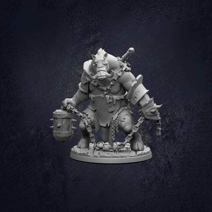 A detailed 3D model of a heavily armored and armed fantasy creature, possibly a monster or a dragon, standing on a platform and holding a large weapon.