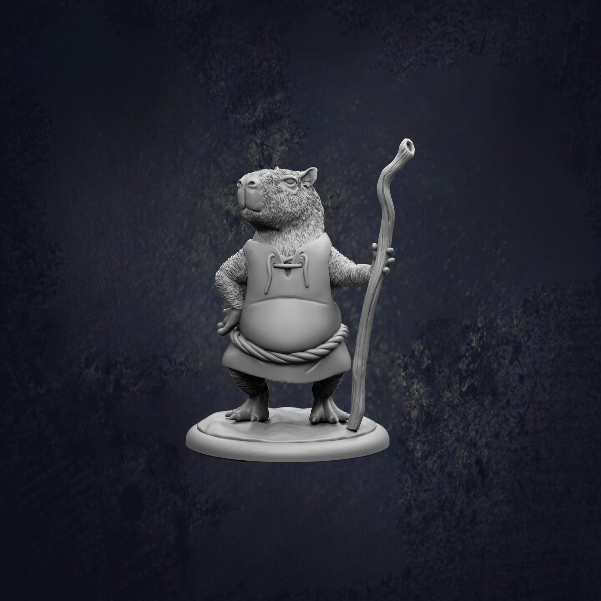 A 3D model of a beaver holding a stick, standing on a base.