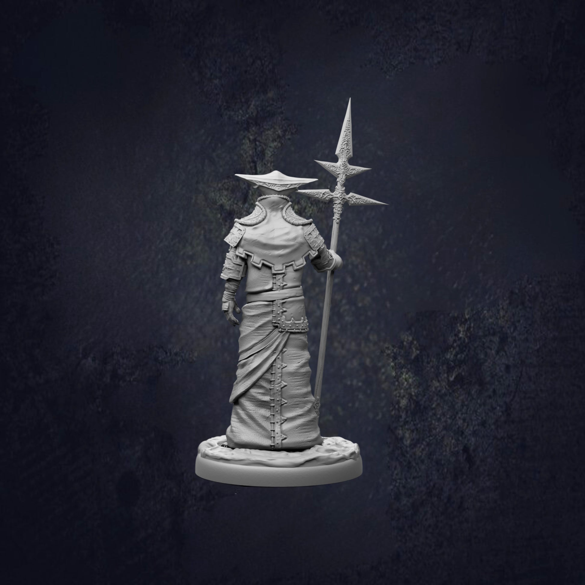A statue of a person holding a spear and standing in a dark, moody setting.