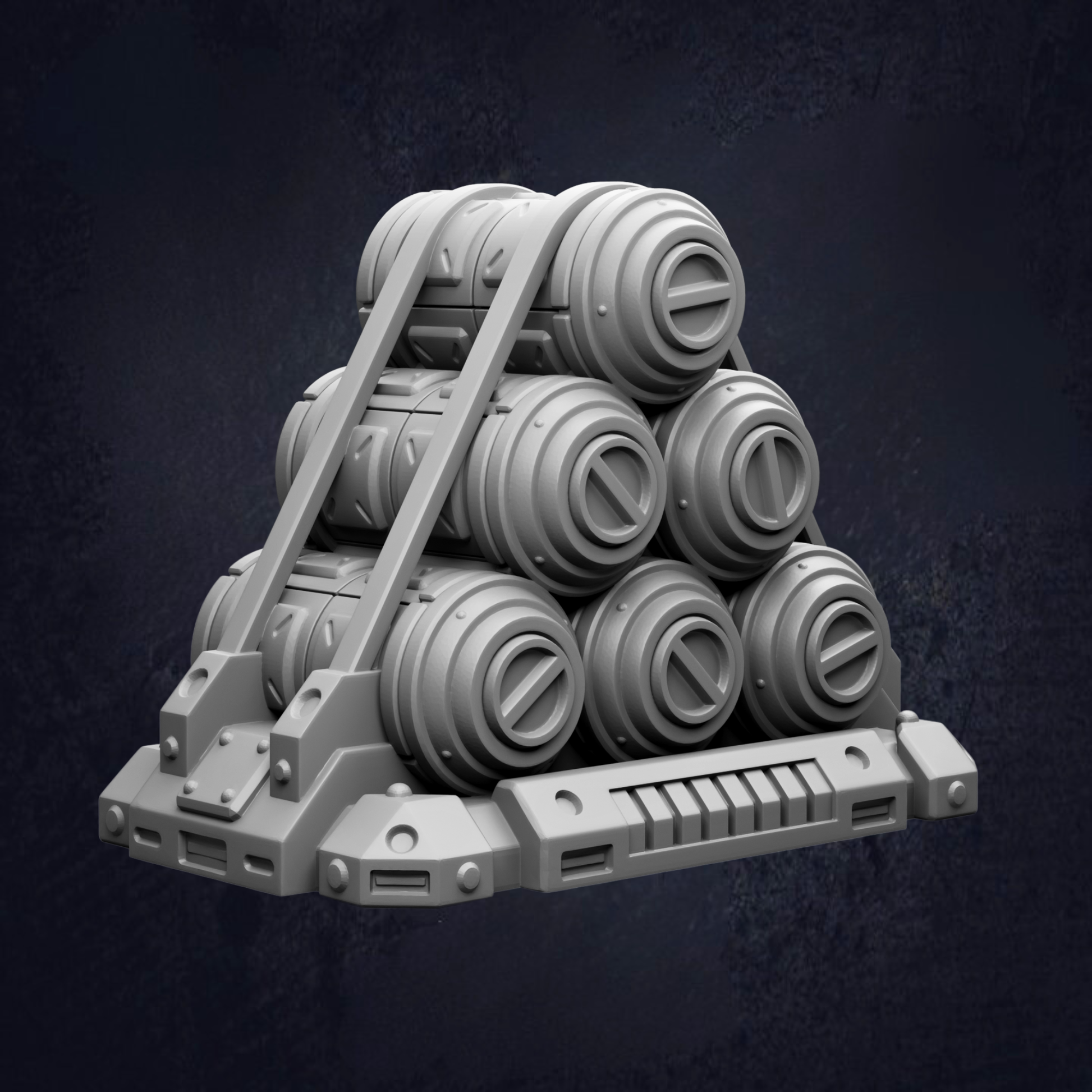 A stack of cylindrical objects, possibly barrels or containers, arranged in a pyramid-like structure against a dark background.