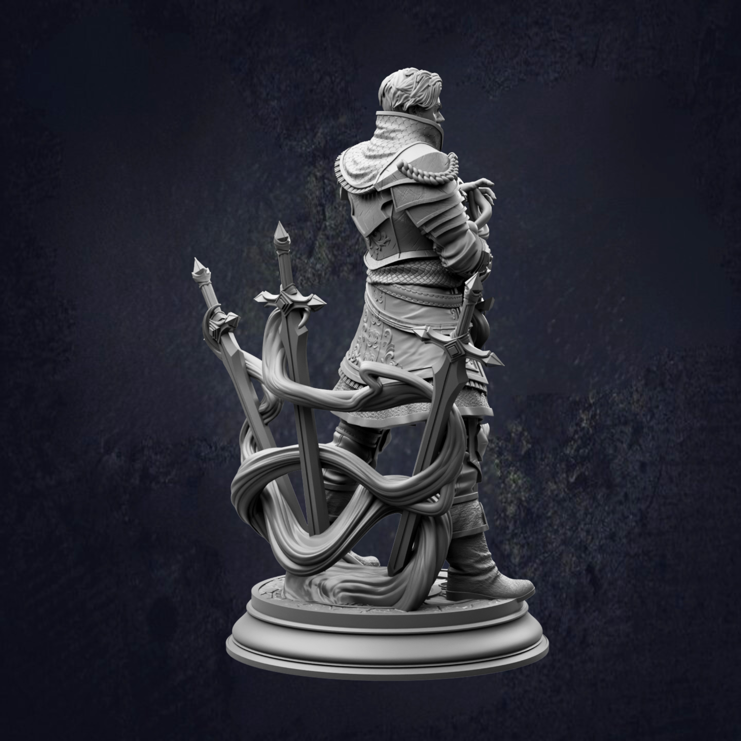 A statue of a person holding a sword and shield, standing on a pedestal.