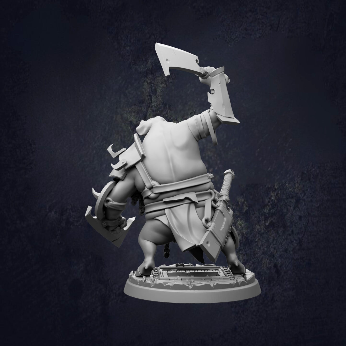 A 3D rendering of a character with a sword and shield, standing on a platform against a dark background.
