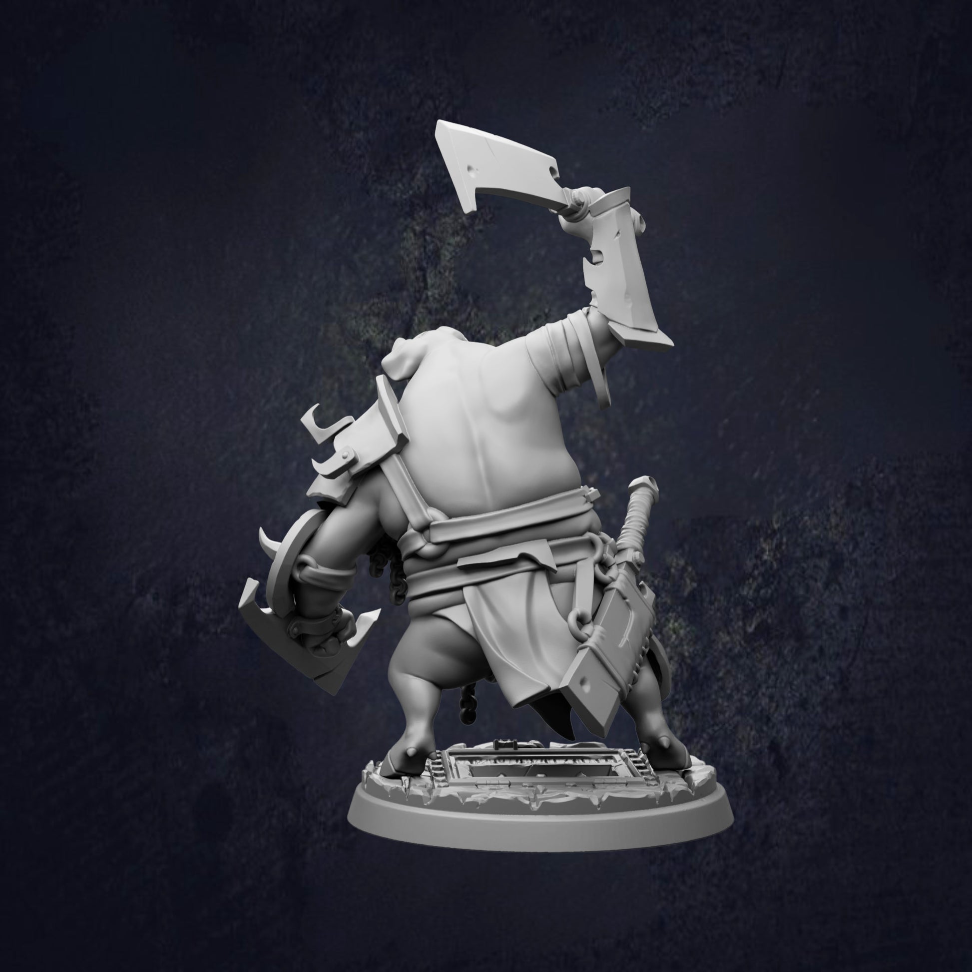 A 3D rendering of a character with a sword and shield, standing on a platform against a dark background.