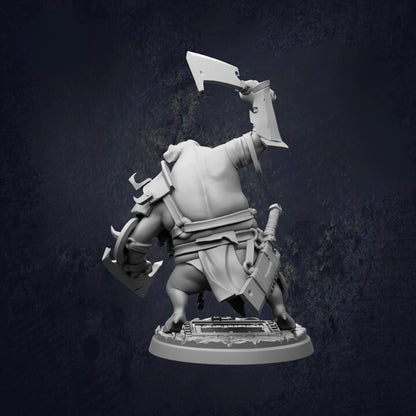 A 3D rendering of a character with a sword and shield, standing on a platform against a dark background.
