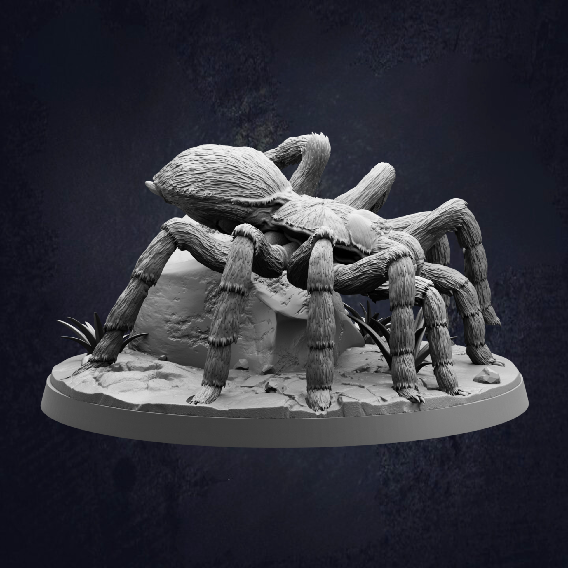 A detailed 3D model of a large spider with multiple legs and a hairy body, set against a dark background.