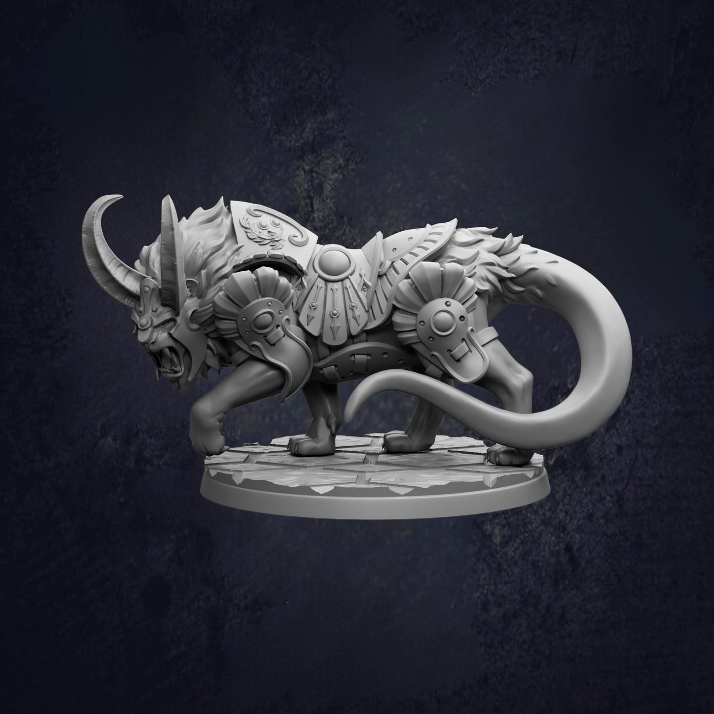A detailed 3D model of a fierce-looking mythical creature, possibly a dragon or serpent, with intricate armor and weapons.