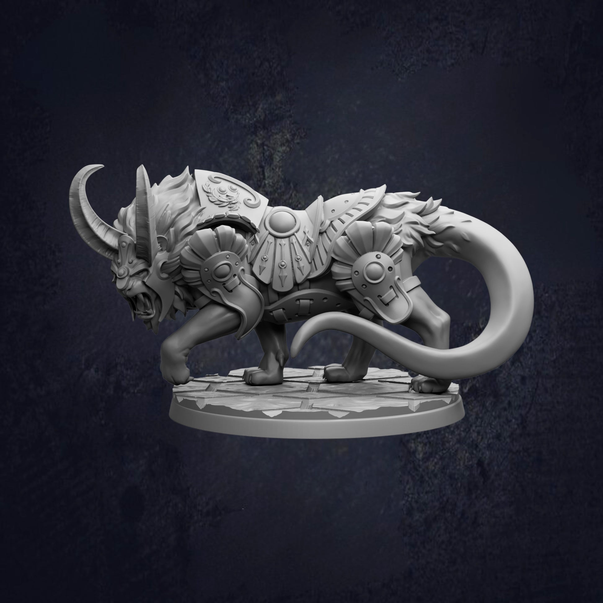 A detailed 3D model of a fierce-looking mythical creature, possibly a dragon or serpent, with intricate armor and weapons.