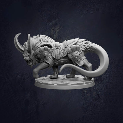 A detailed 3D model of a fierce-looking mythical creature, possibly a dragon or serpent, with intricate armor and weapons.