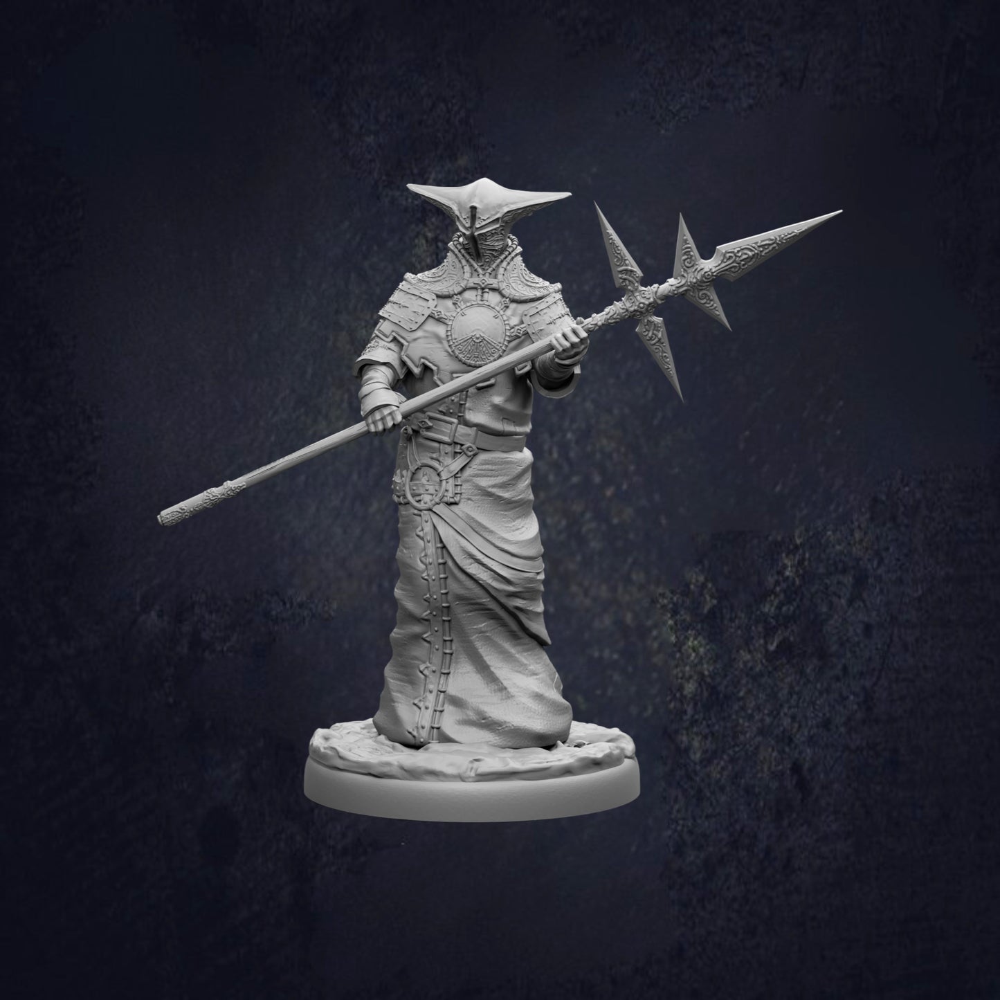 A statue of a warrior figure holding a spear and shield, standing against a dark background.