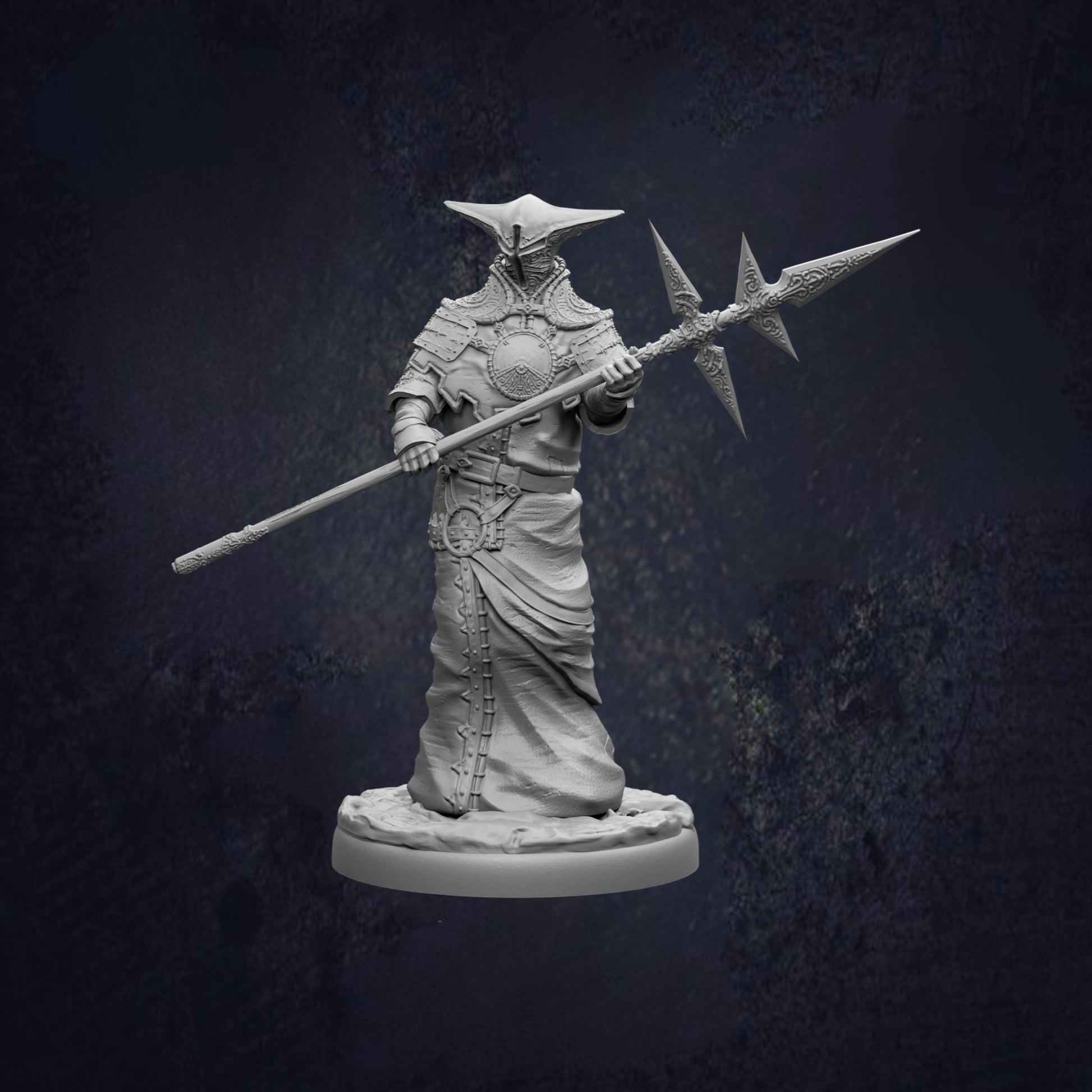 A statue of a warrior figure holding a spear and shield, standing against a dark background.