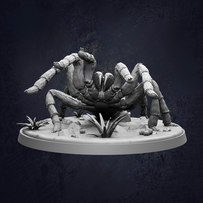A detailed 3D rendering of a large spider with multiple legs and intricate features, set against a dark background.