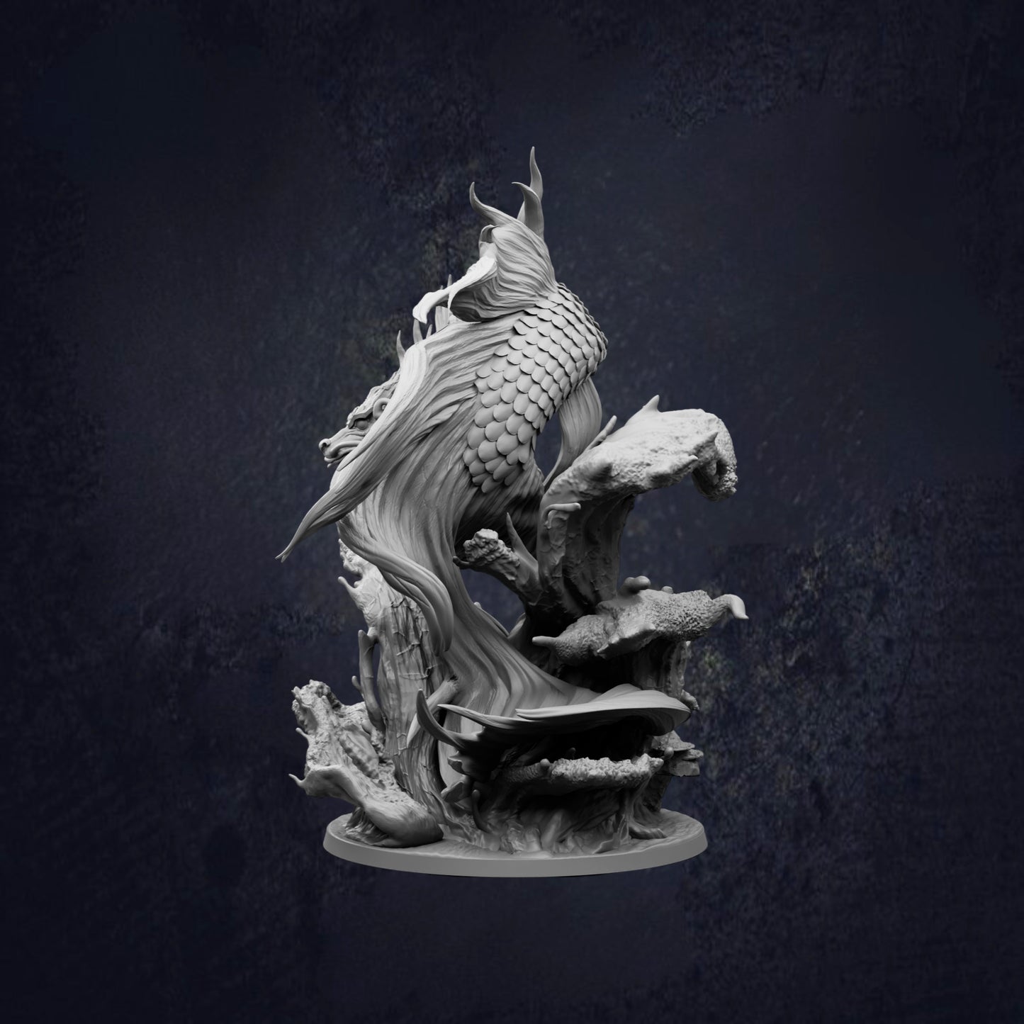 Rear side view of the Koi Dragon Gargantuan Ancient Water Dragon D&D RPG miniature, showing a serpentine dragon with flowing fins, whiskers and detailed scales rising from a rocky ocean base. 166mm tall on a 100mm base. Requires assembly.