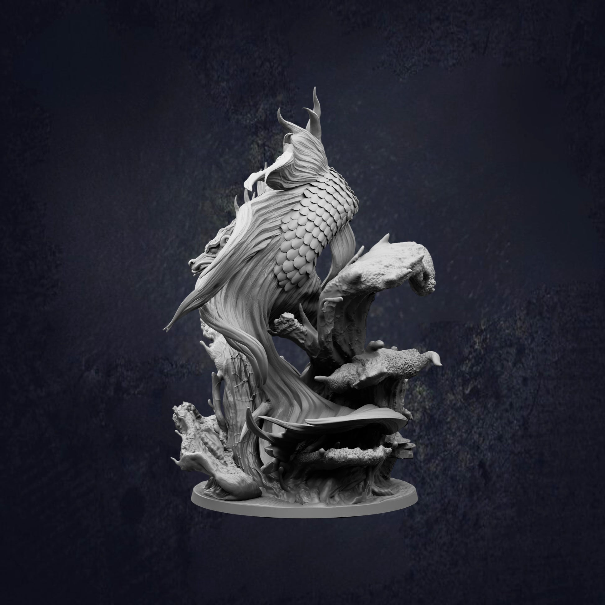 Rear side view of the Koi Dragon Gargantuan Ancient Water Dragon D&D RPG miniature, showing a serpentine dragon with flowing fins, whiskers and detailed scales rising from a rocky ocean base. 166mm tall on a 100mm base. Requires assembly.