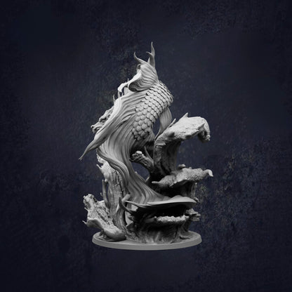Rear side view of the Koi Dragon Gargantuan Ancient Water Dragon D&D RPG miniature, showing a serpentine dragon with flowing fins, whiskers and detailed scales rising from a rocky ocean base. 166mm tall on a 100mm base. Requires assembly.