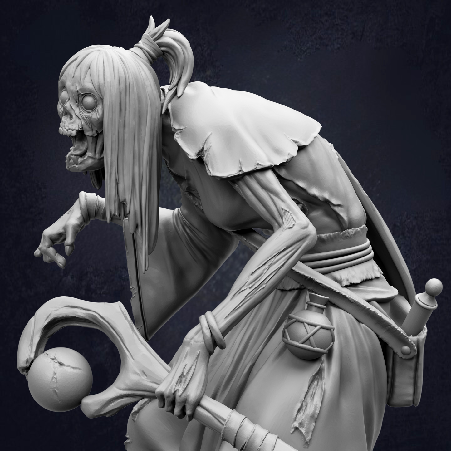 A detailed 3D rendering of a fantastical creature with a long, flowing hair and a fierce expression, holding a staff and a round object.