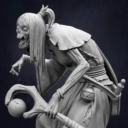 A detailed 3D rendering of a fantastical creature with a long, flowing hair and a fierce expression, holding a staff and a round object.