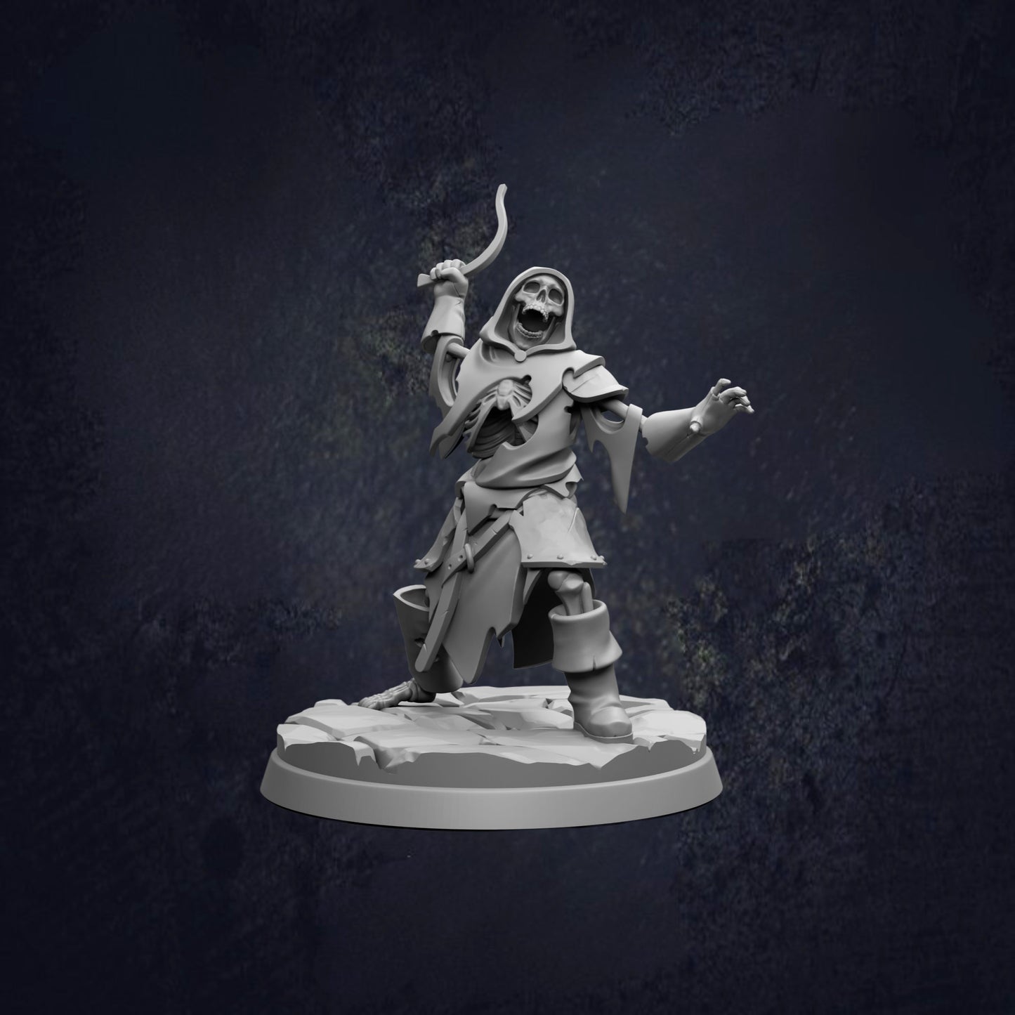 A 3D rendering of a skeletal figure holding a weapon and standing on a platform against a dark background.