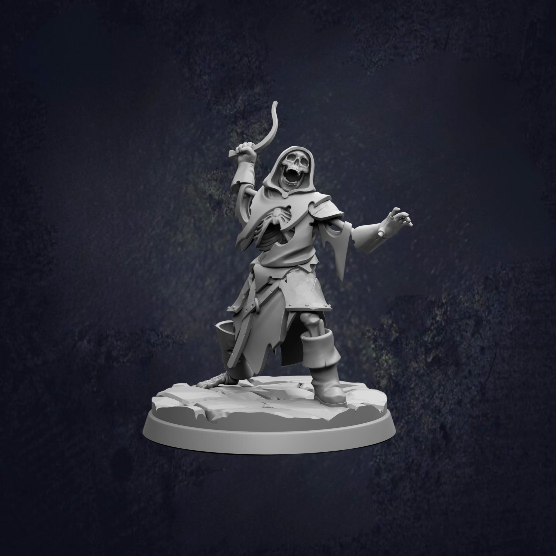 A 3D rendering of a skeletal figure holding a weapon and standing on a platform against a dark background.