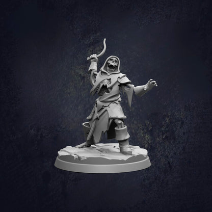 A 3D rendering of a skeletal figure holding a weapon and standing on a platform against a dark background.