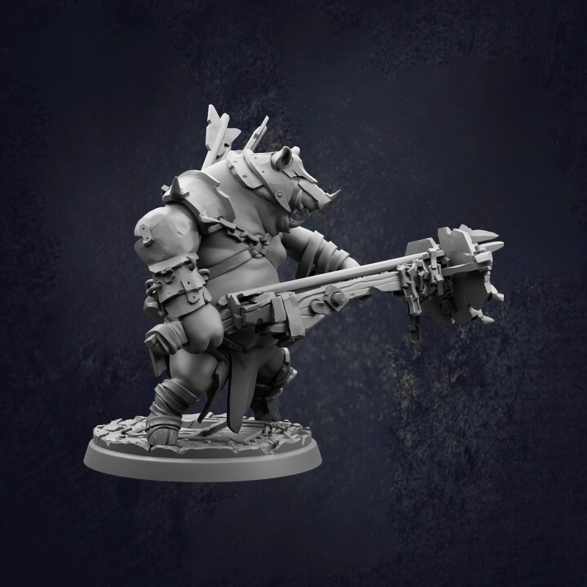 A 3D model of a heavily armored and armed character, possibly a monster or a warrior, holding a large weapon and standing in a dark, moody setting.