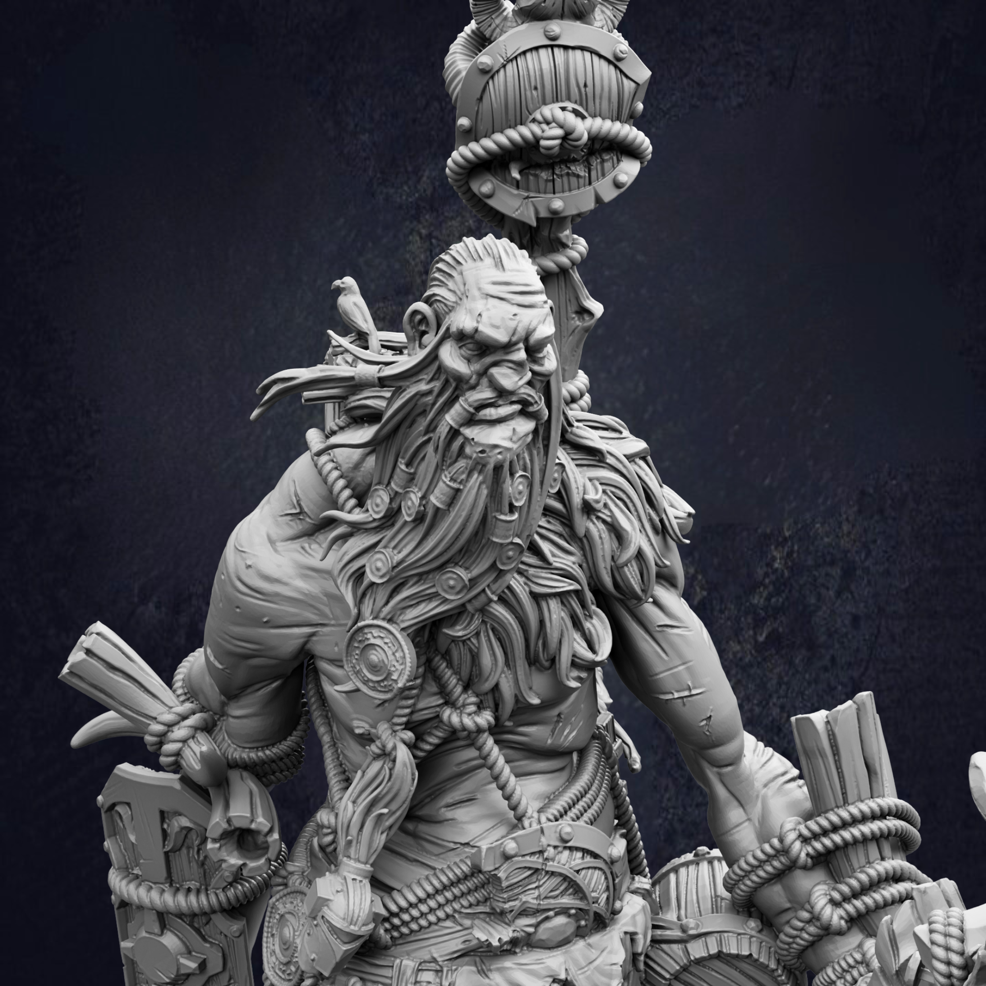 A detailed, intricate statue depicting a large, bearded figure with a long beard and ornate accessories, set against a dark background.