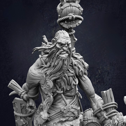 A detailed, intricate statue depicting a large, bearded figure with a long beard and ornate accessories, set against a dark background.