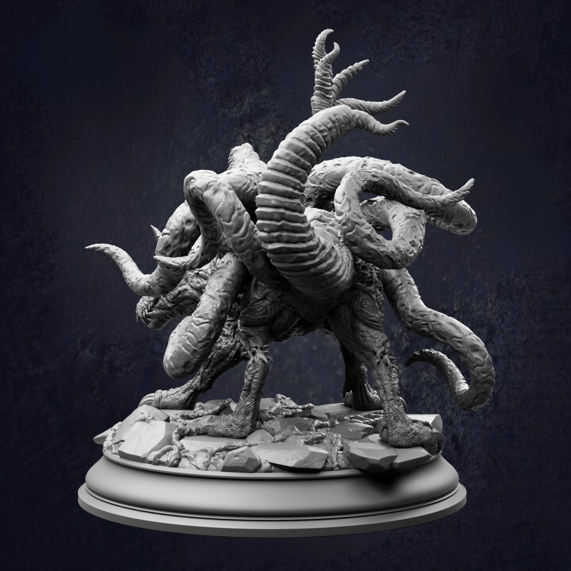 A detailed 3D rendering of a fantastical creature with multiple tentacles, standing on a platform against a dark background.