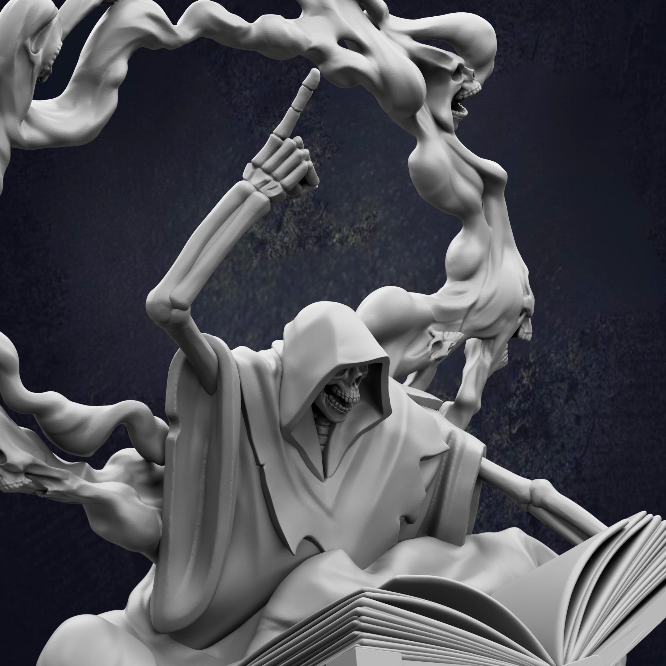 A dark, moody image depicting a skeletal figure with a hooded cloak, holding a book and pointing upwards, surrounded by swirling smoke or fog.