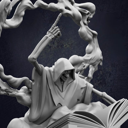 A dark, moody image depicting a skeletal figure with a hooded cloak, holding a book and pointing upwards, surrounded by swirling smoke or fog.